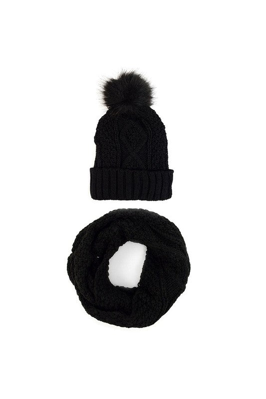 Knit Winter Hat & Infinity Scarf with Pom Set