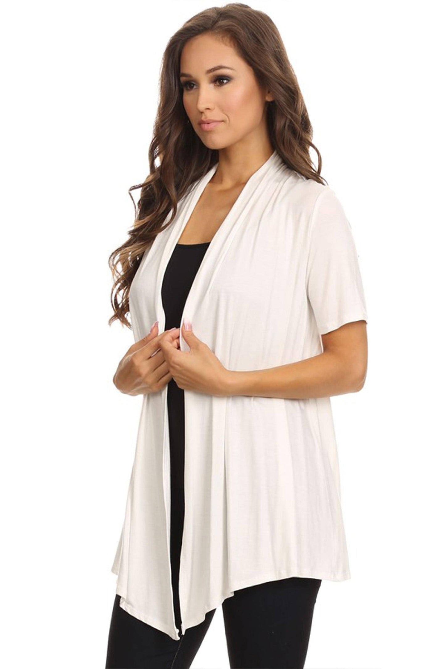 Women's Casual Solid Short Sleeve Loose Fit Open Cardigan (Ivory)