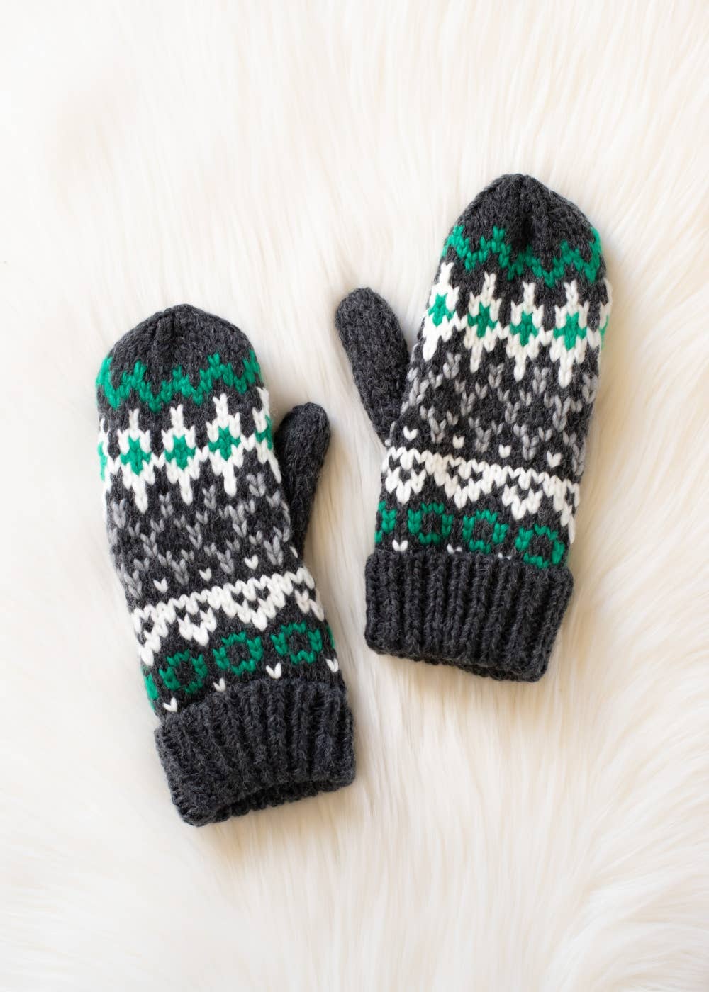 Dark Gray, White & Green Winter Pattern Mittens