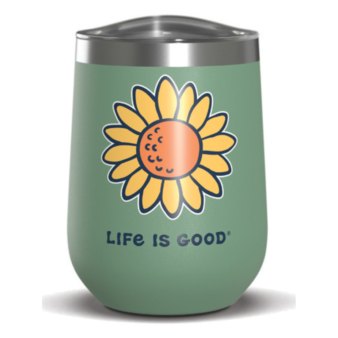 Life is Good Vintage Sunflower 12oz Stainless Steel Wine Tumbler (Moss Green)