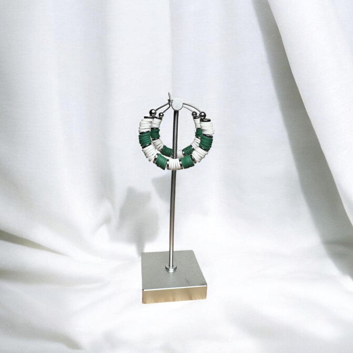 Green and White Game Day Hoop Earrings: 1 Inch / (2 by 2 or 5 by 5)