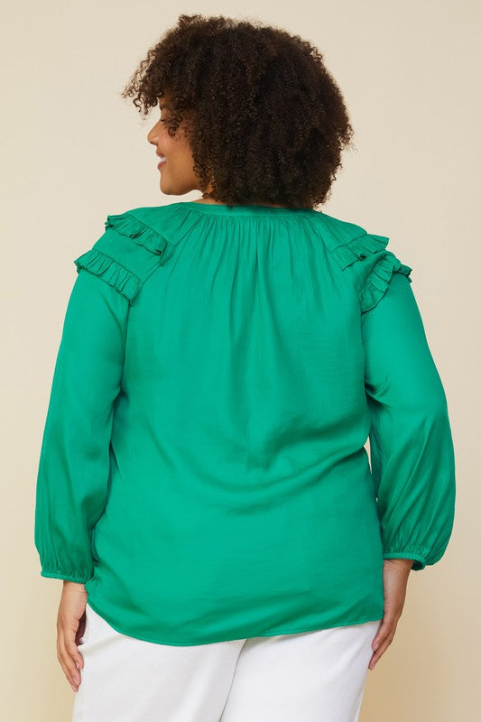 Plus Size Long Sleeve Split Neck Ruffled Blouse