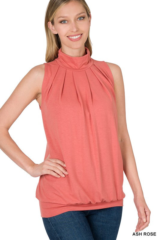 Sleeveless Mock Neck Pleated Top (solid colors)