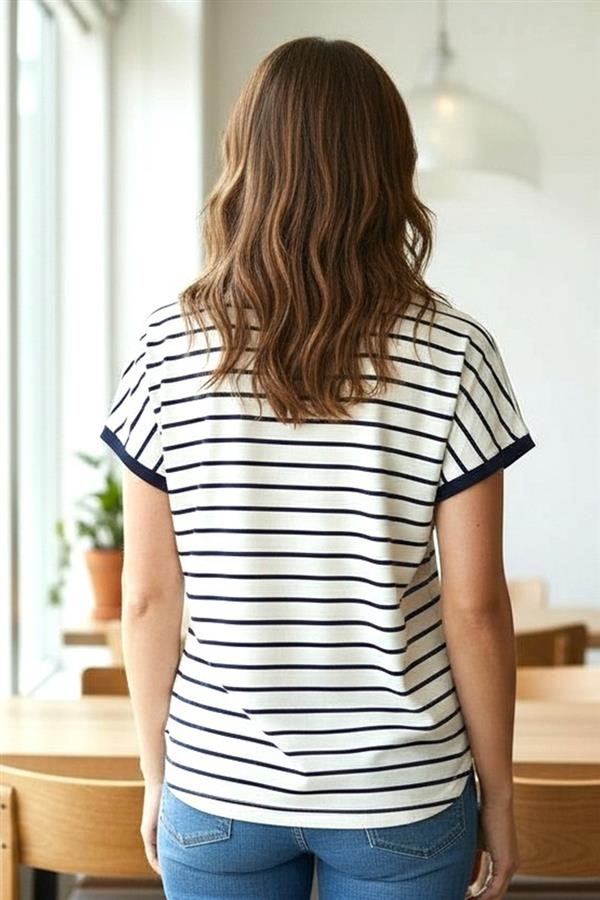 Wide Neck Short Sleeve Striped Jersey Top