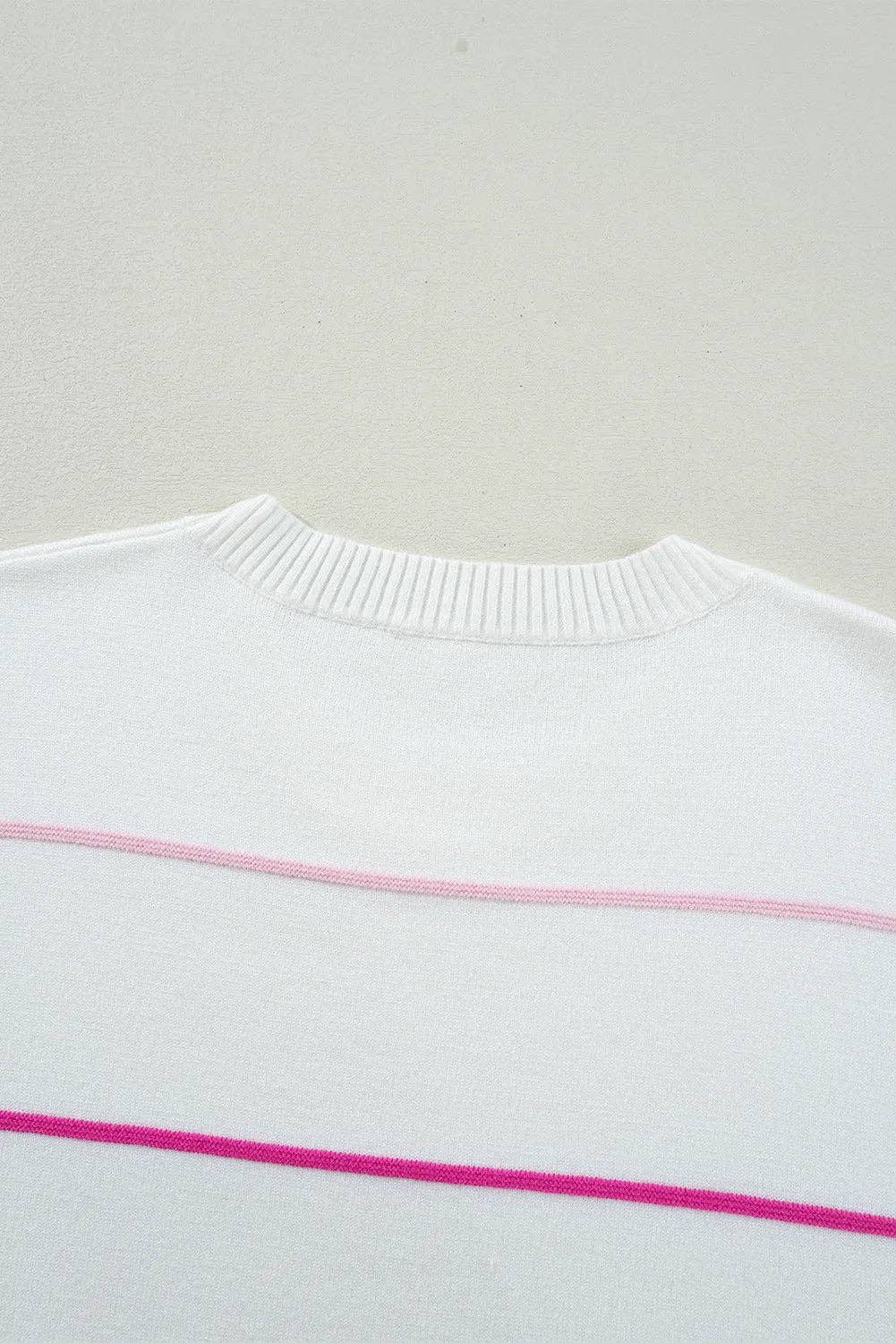 White Colorblock Striped Half Sleeve Drop Shoulder Sweater