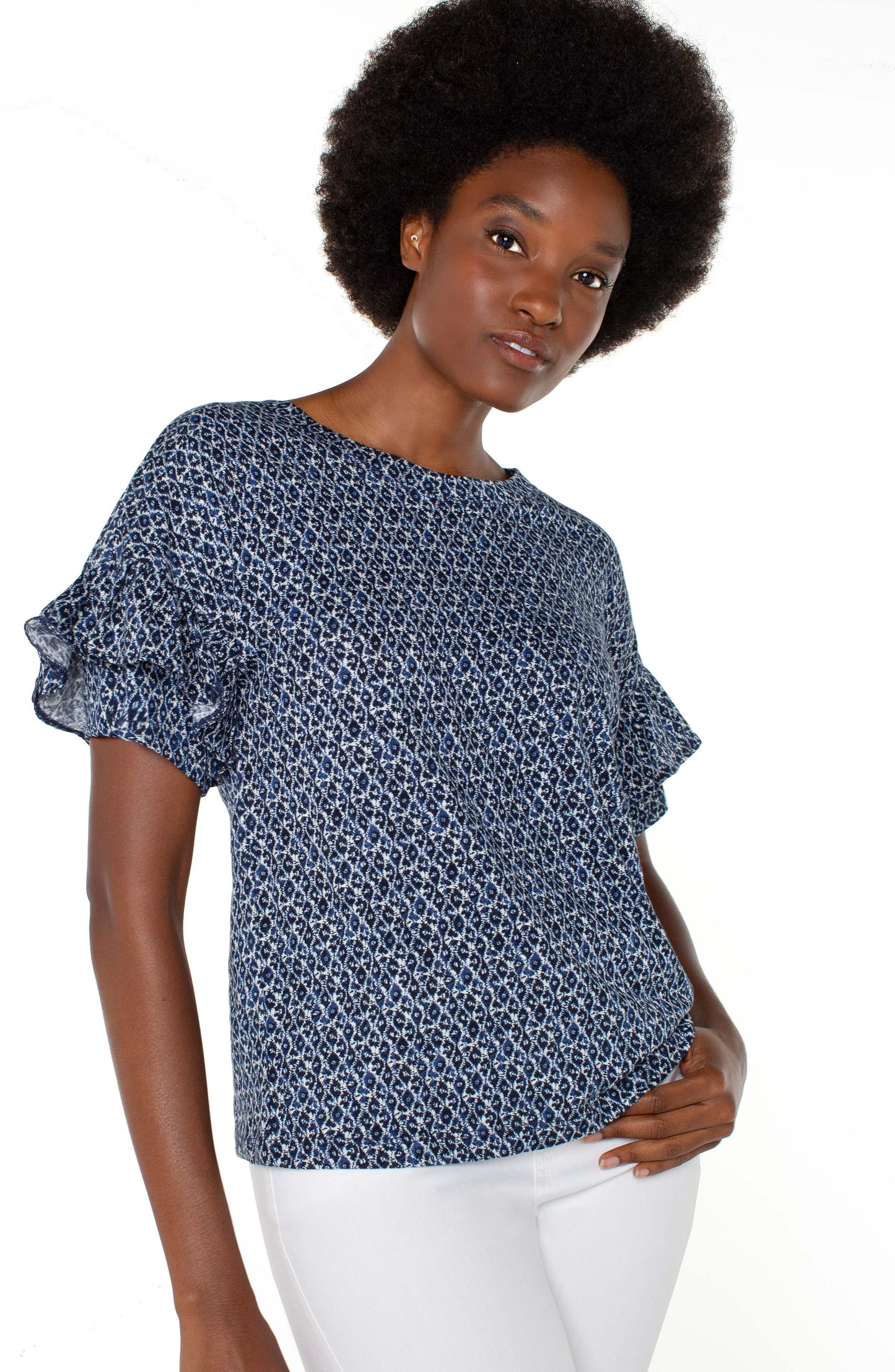 1/2 Sleeve Drop Shoulder with Ruffle pose
