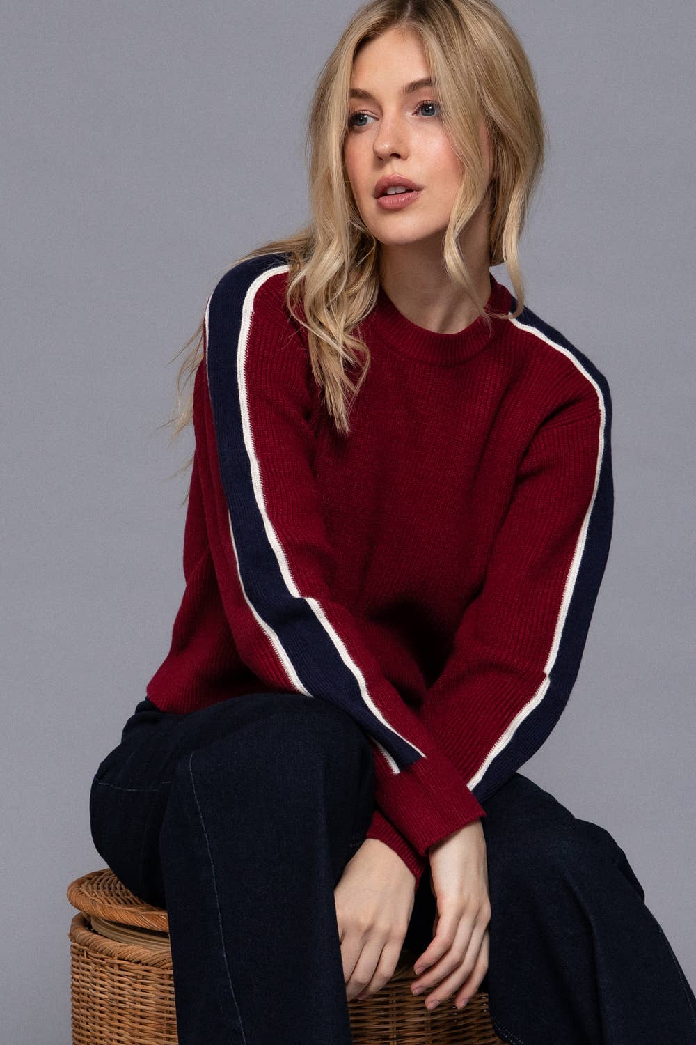 Long Sleeve Round Neck Stripe Detail Sweater