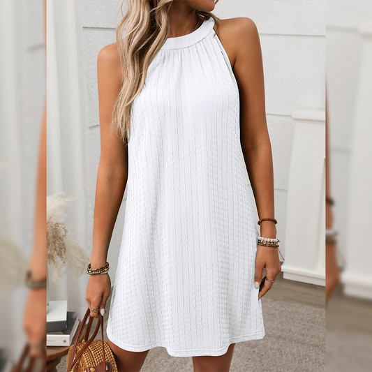 Solid Color Round Neck Halter Loose Sleeveless Dress (White)