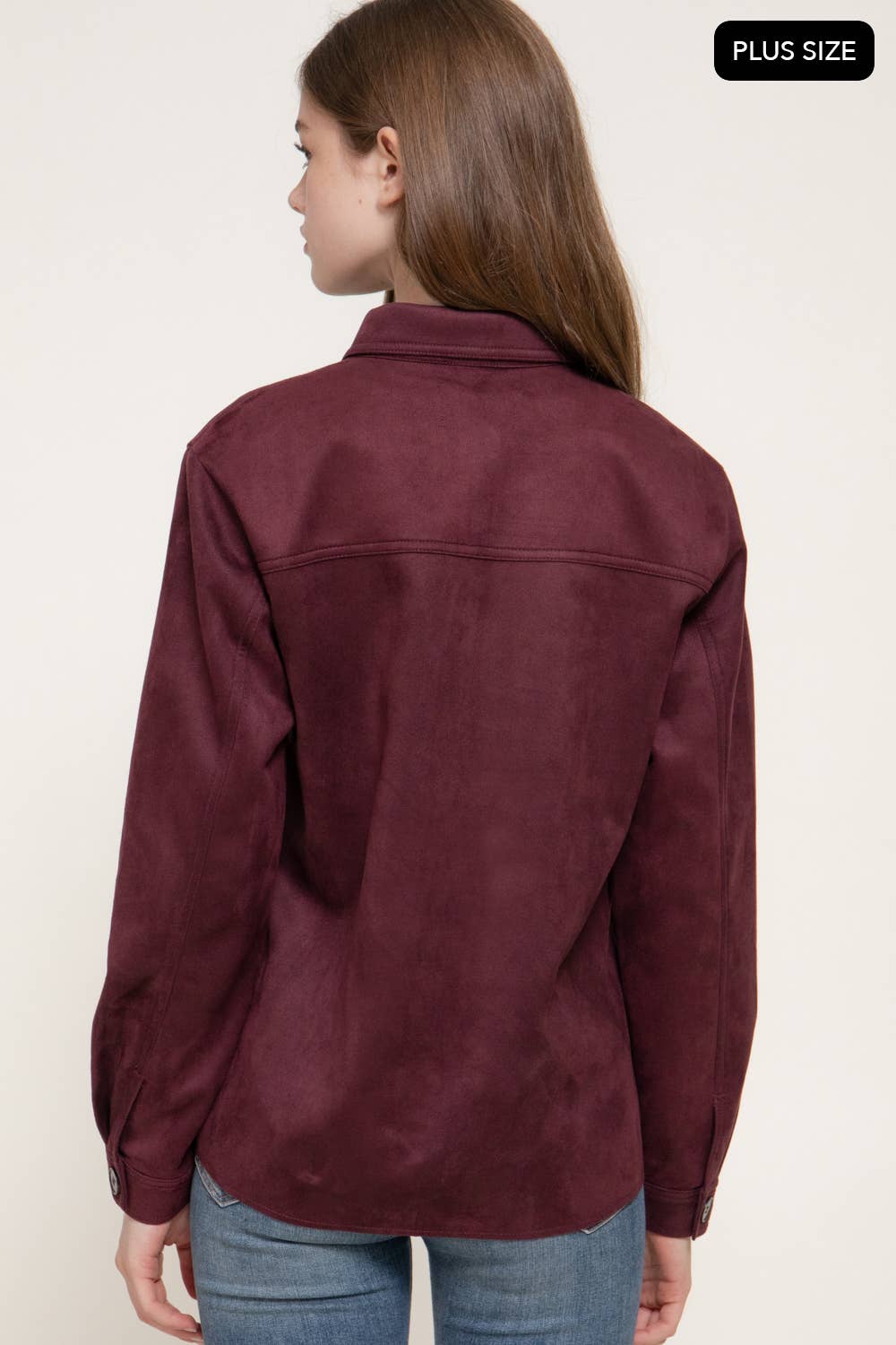 Long Sleeve Loose Fit Faux Suede Shacket (Plus Size)