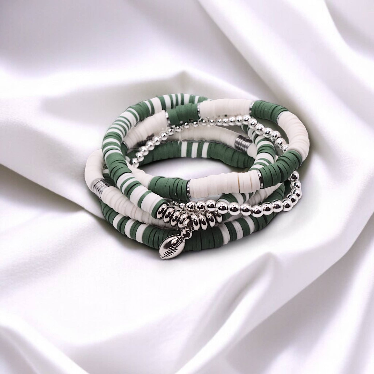 Green and White Game Day Bracelet Stack: Hockey (7 or 8 inch)