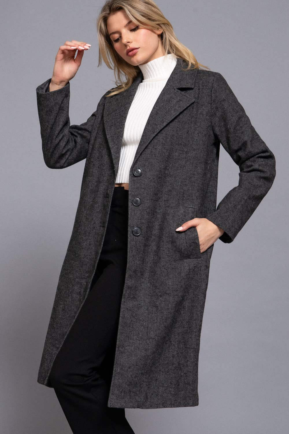 Herringbone Single Breasted Waist Fitted Long Coat