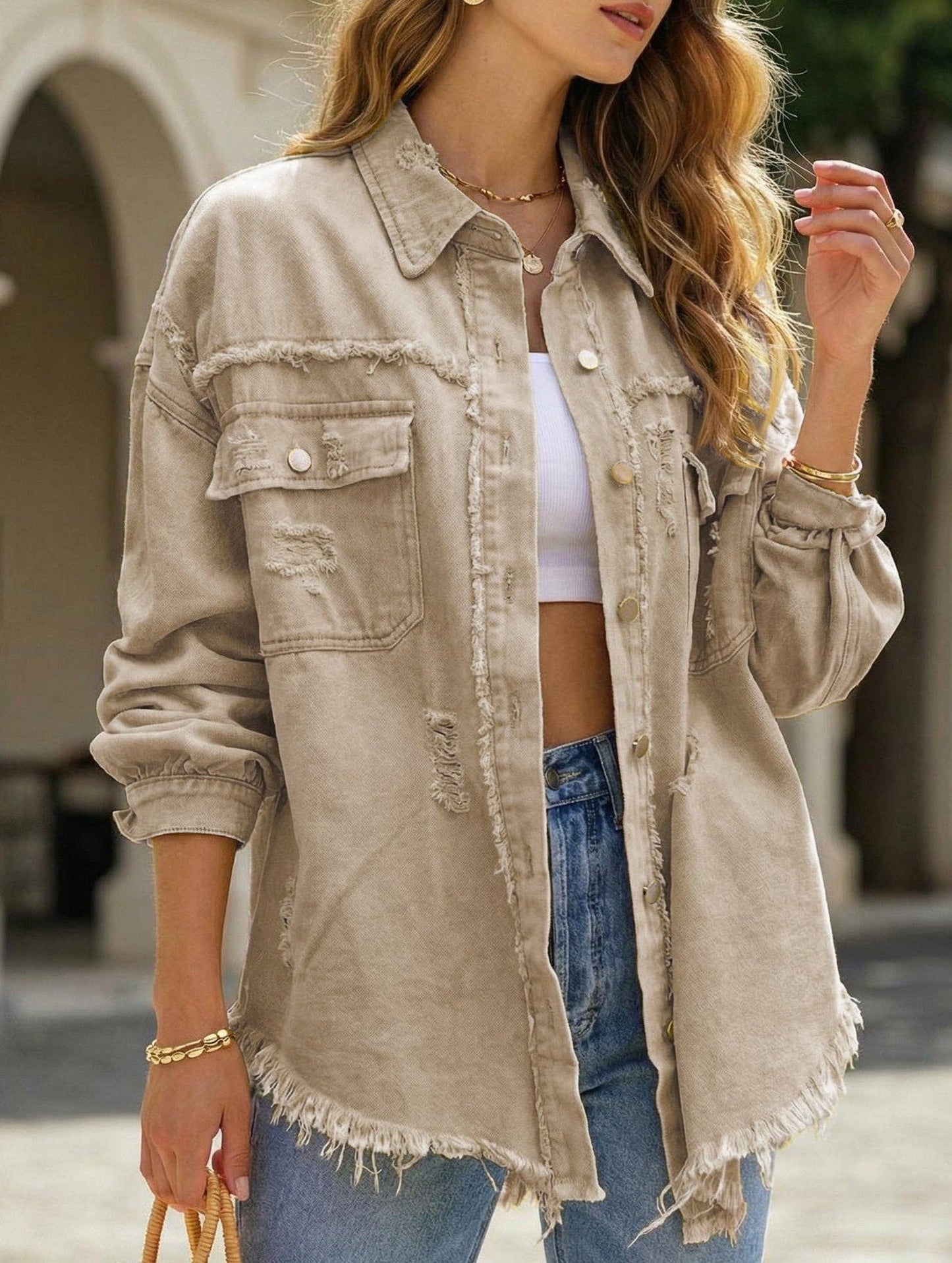 Denim Coat with Lapel and Ripped Raw Edge