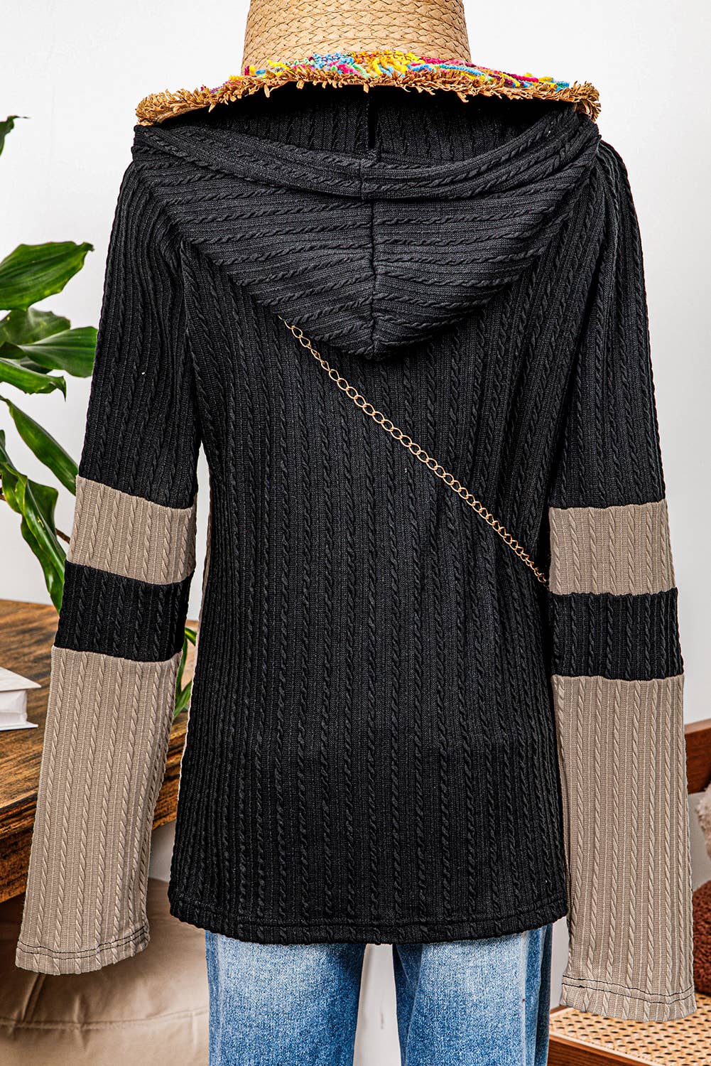 Textured Color Block Quarter Zip Drawstring Hooded Top