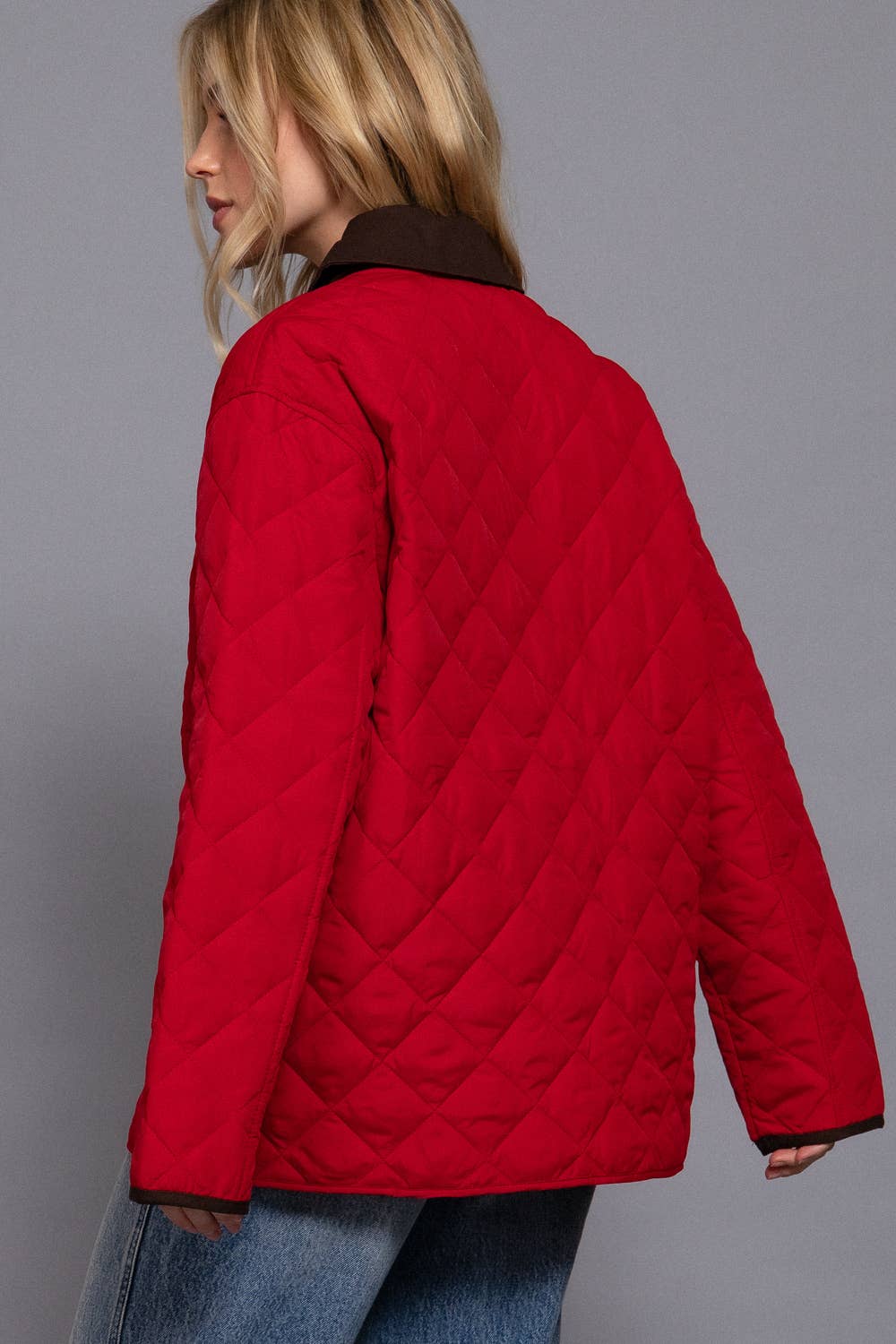 Long Sleeve Contrast Lapel Collar Quilted Puffer Work Jacket (pink)