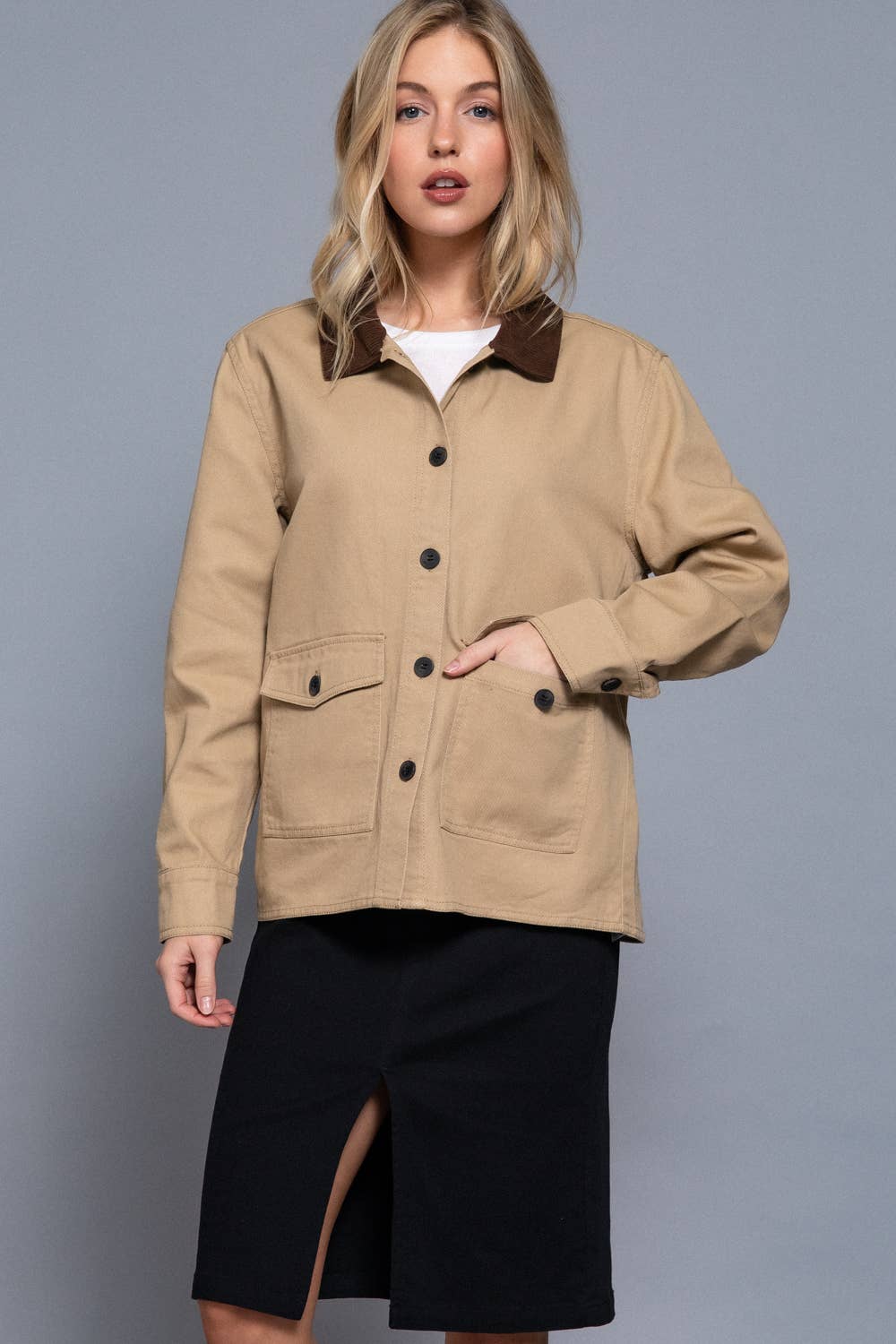 Long Sleeve Corduroy Collar Detail Cotton Twill Work Jacket