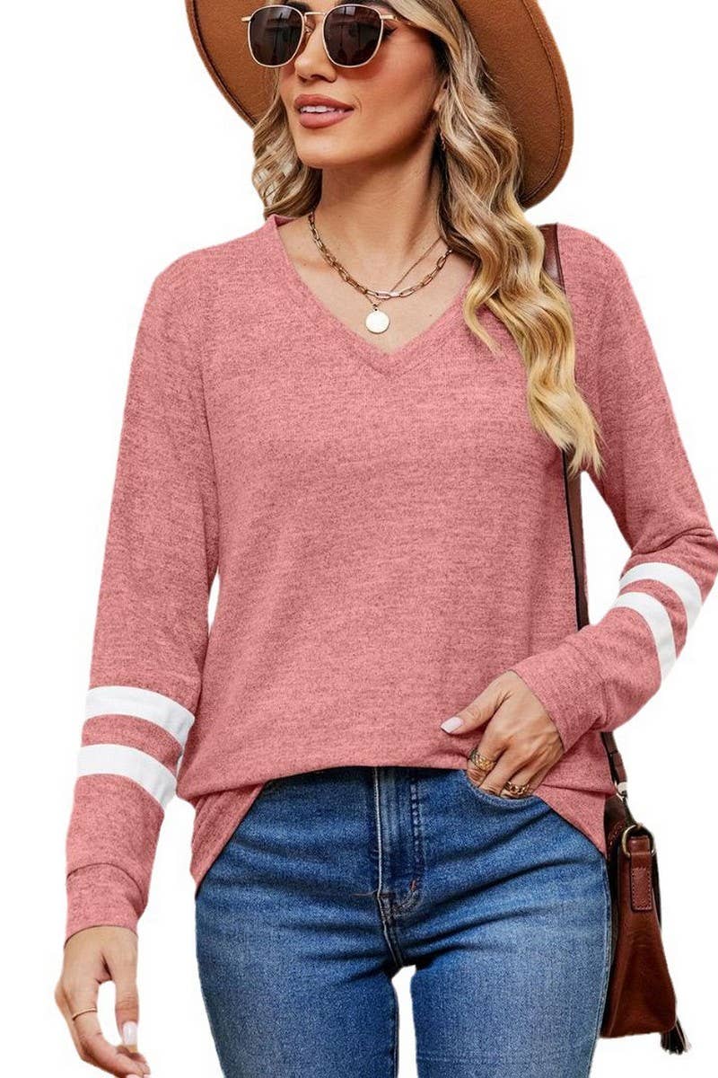 V-Neck Long Sleeved Contrast Color Top