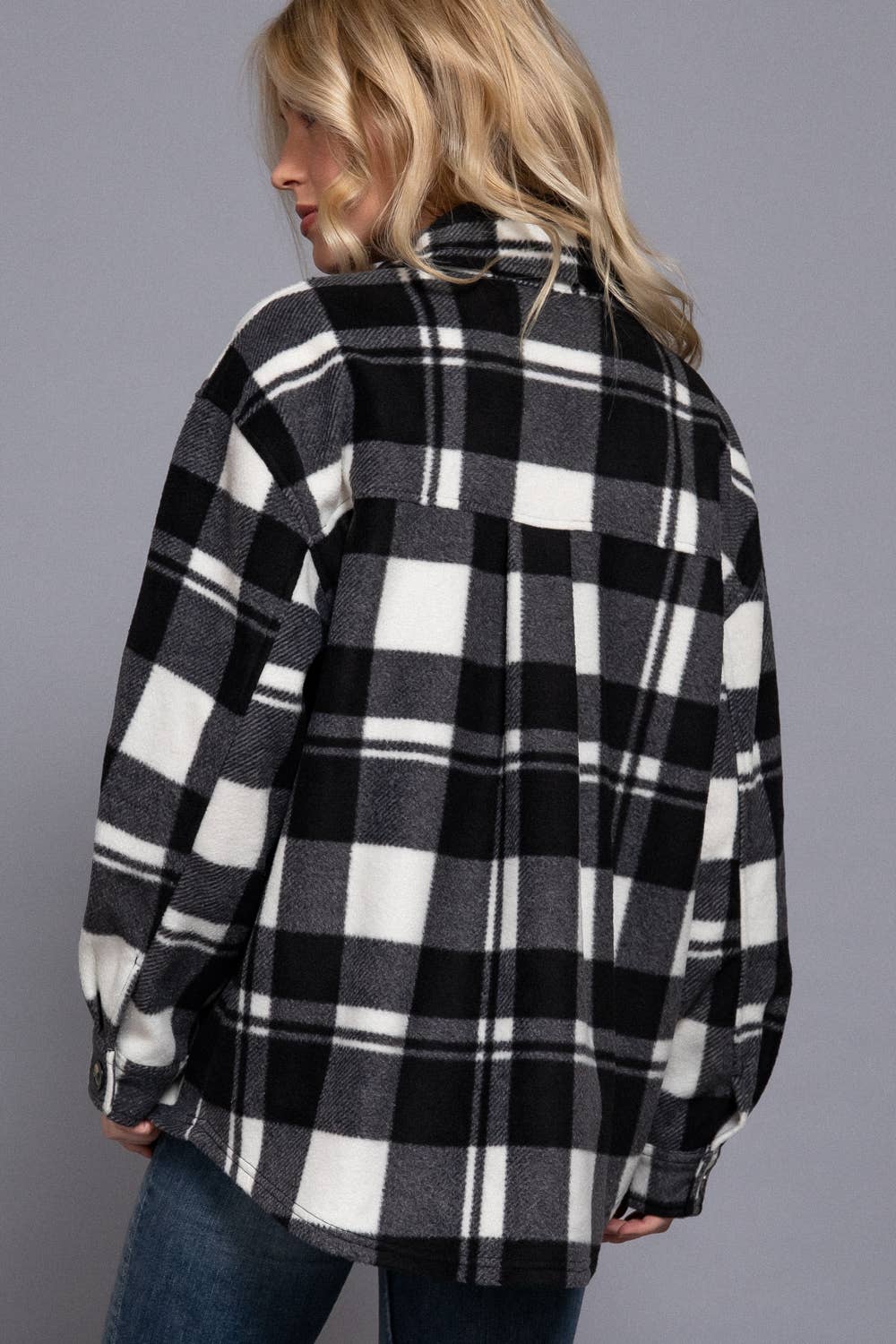 Long Sleeve Check Printed Fleece Shacket (black)
