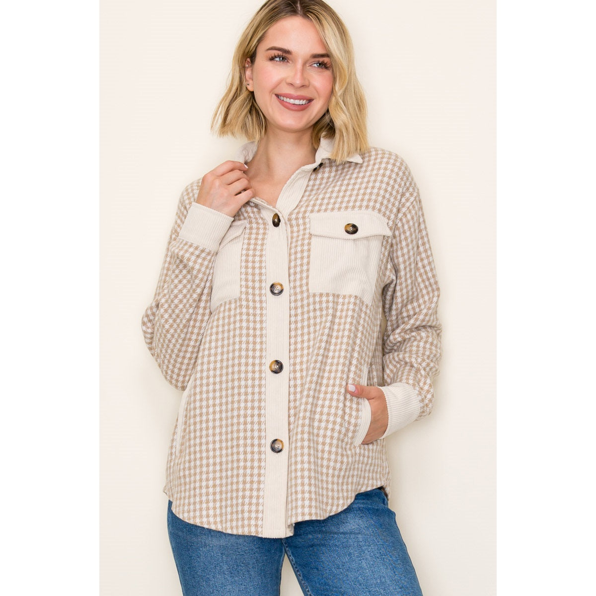 Color Contrast Button Down Checketer Shacket