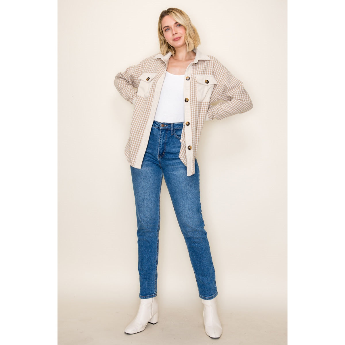 Color Contrast Button Down Checketer Shacket