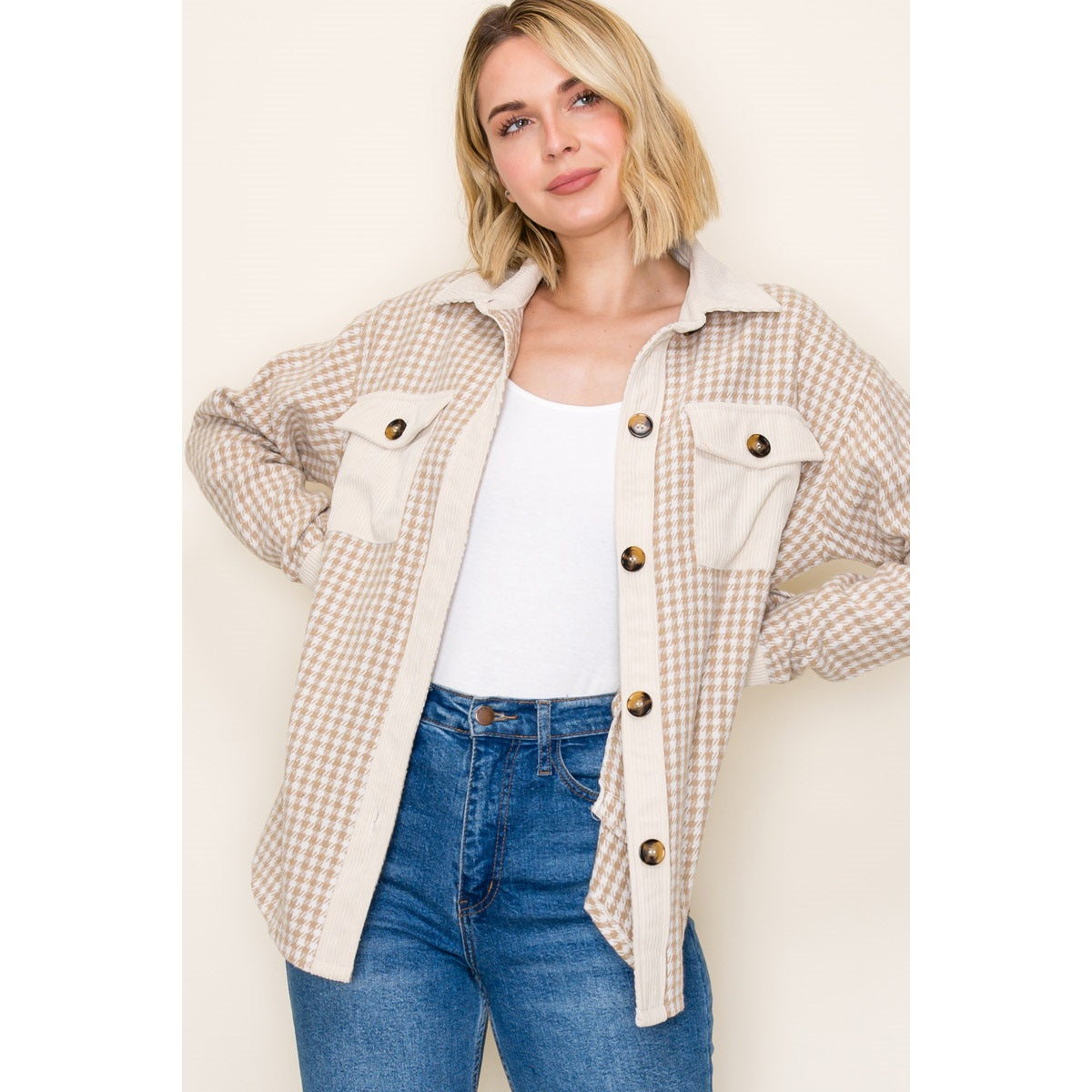 Color Contrast Button Down Checketer Shacket