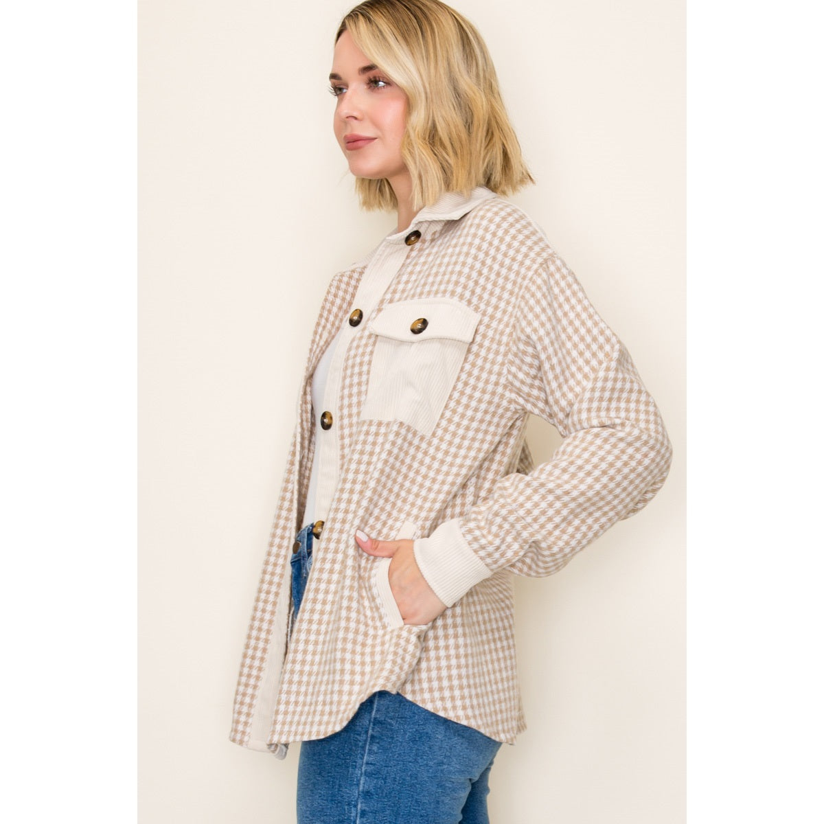 Color Contrast Button Down Checketer Shacket