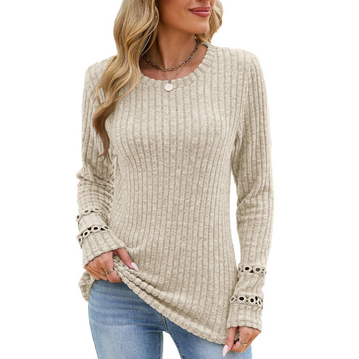 Women's Crew Neck Sweater W/ Sleeve Detail