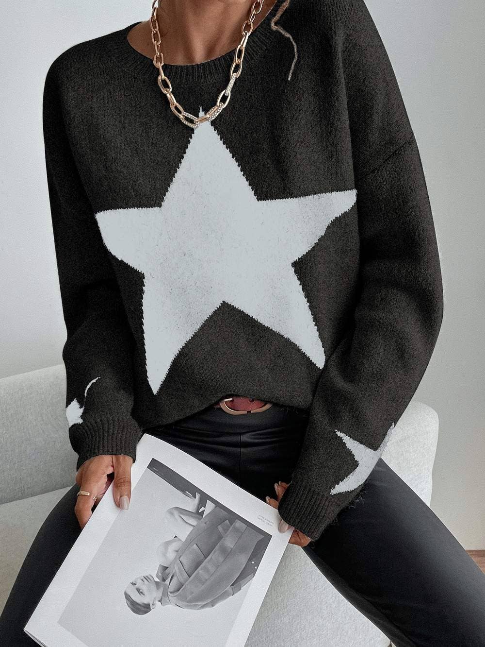 Drop Shoulder Star Pattern Sweater