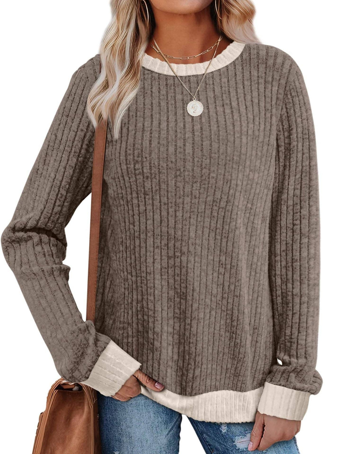 Ribbed Long Sleeve Crew Neck Pullover Top