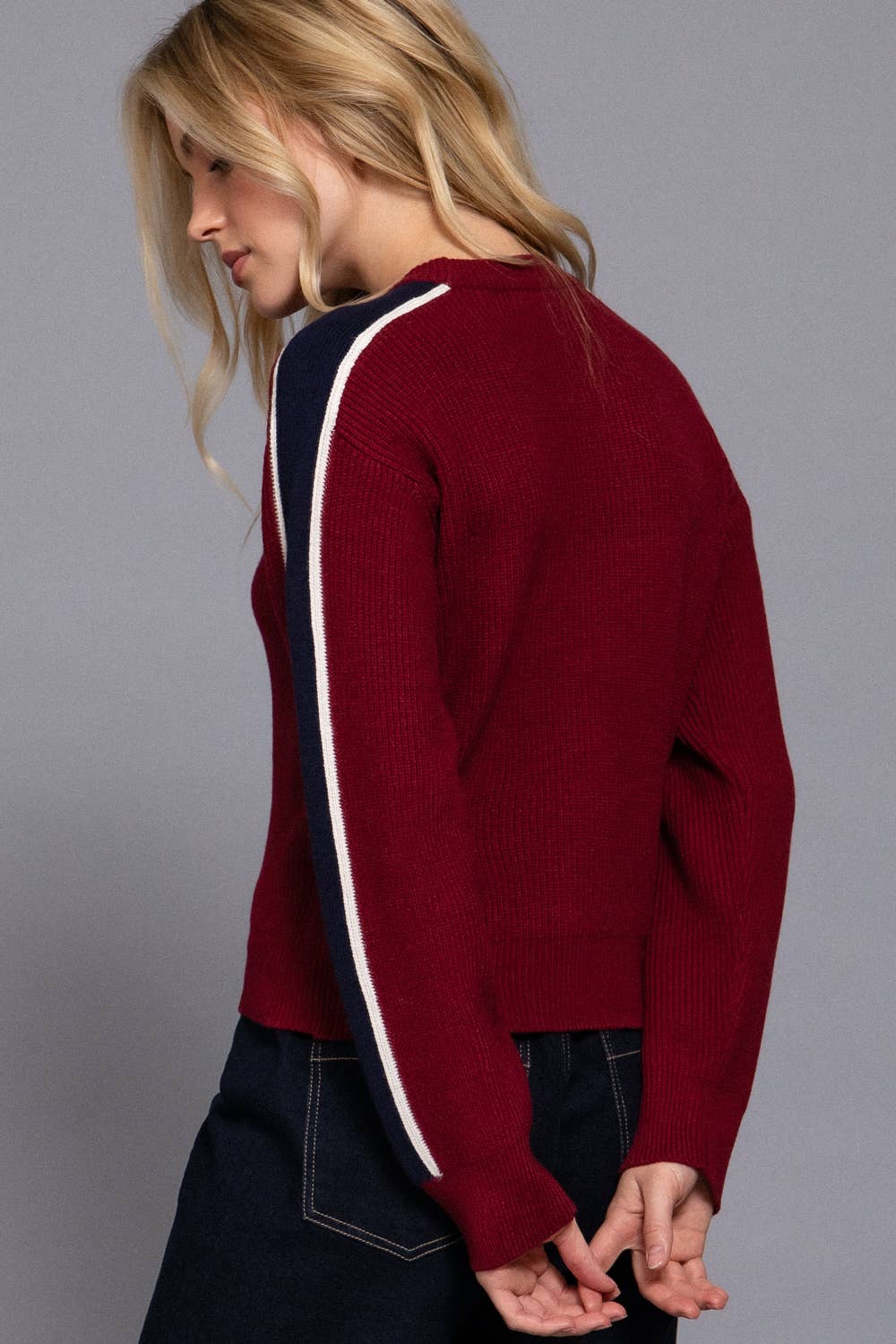 Long Sleeve Round Neck Stripe Detail Sweater