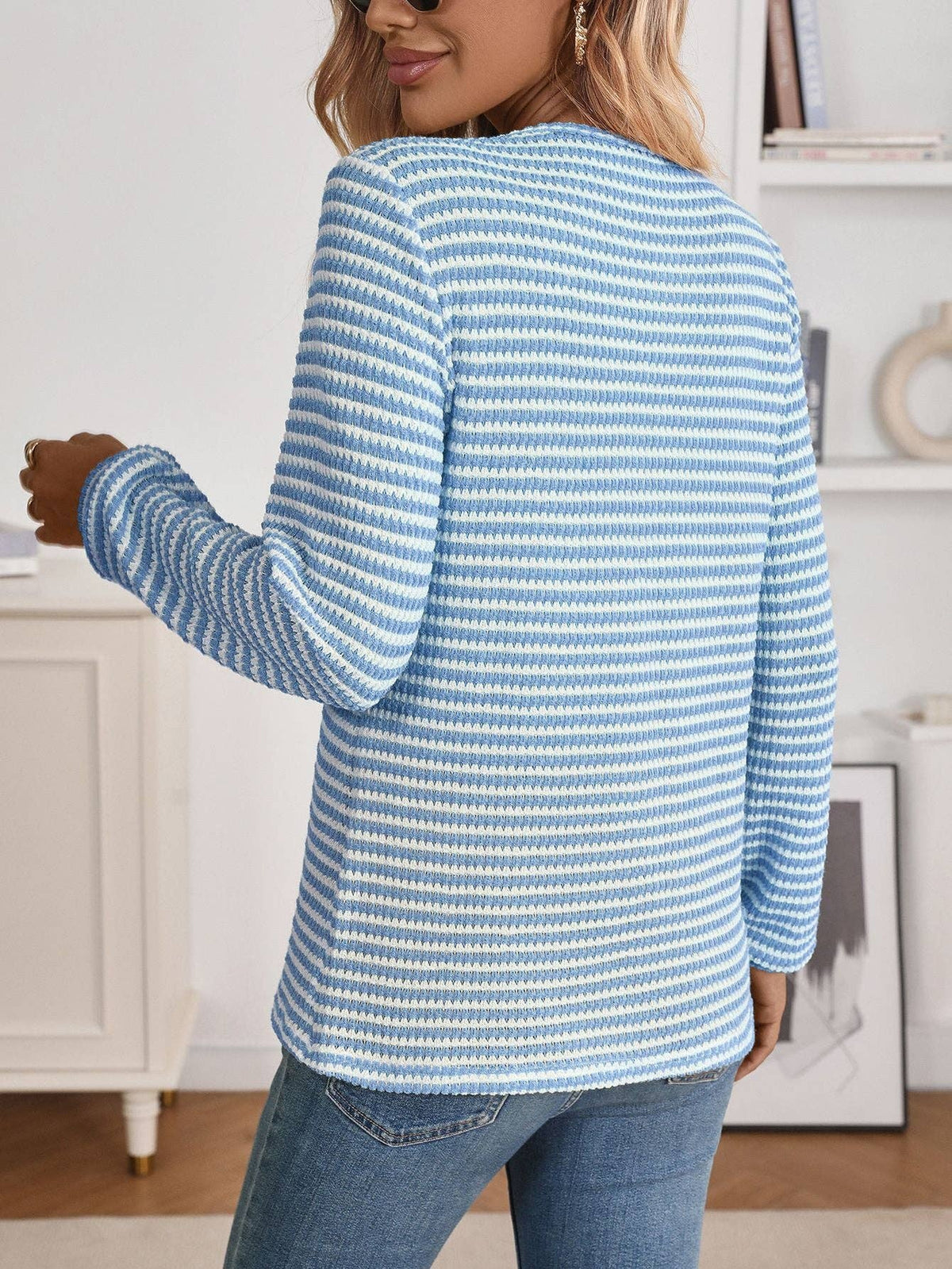 Striped Waffle Knit Henley Long Sleeve Top