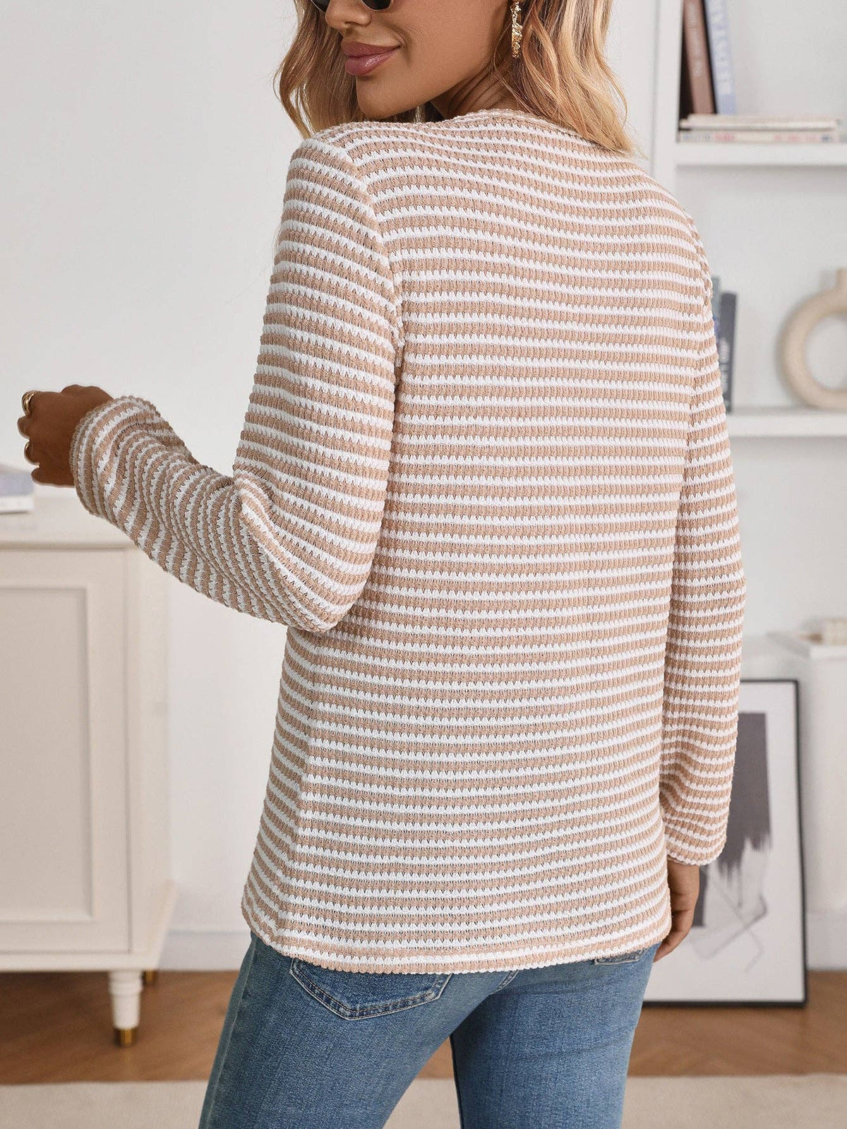 Striped Waffle Knit Henley Long Sleeve Top