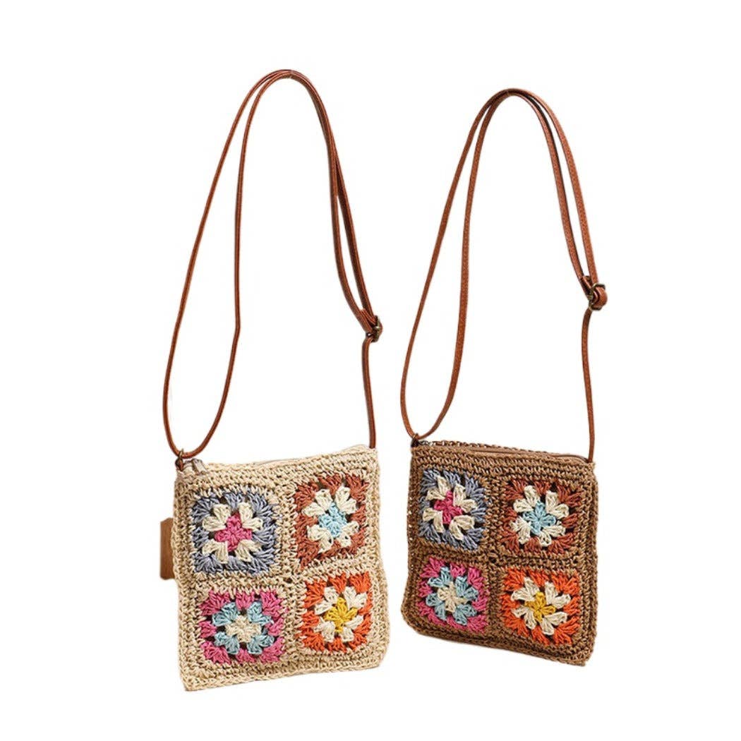 Vintage Square Crochet Flower Crossbody Bag