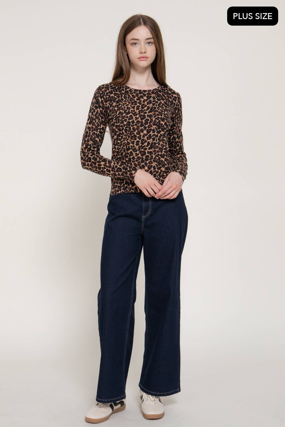 Long Sleeve Crew Neck Leopard Print Sweater (Plus Size)