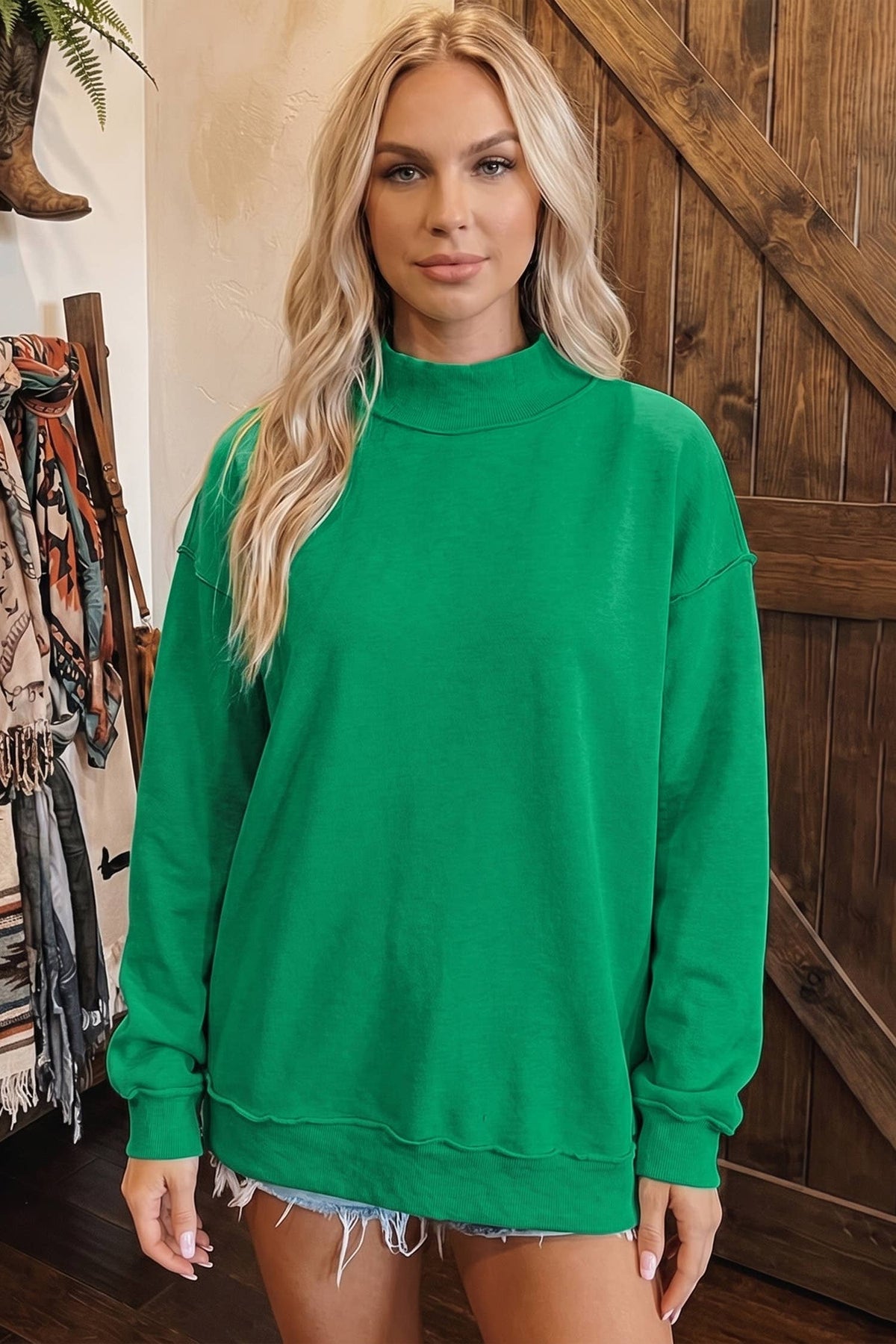 Sioux Oversize Drop Shoulder Reversible Mock Neck Sweatshirt (kelly green)