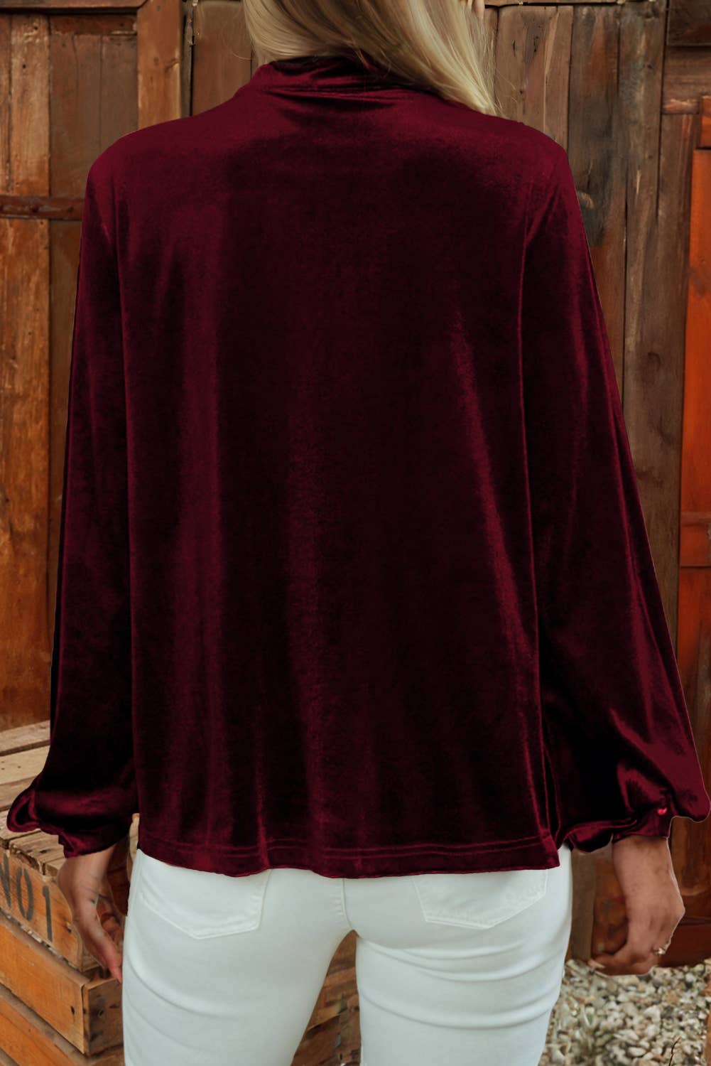 Asymmetric Button Keyhole Neck Long Sleeve Velvet Blouse