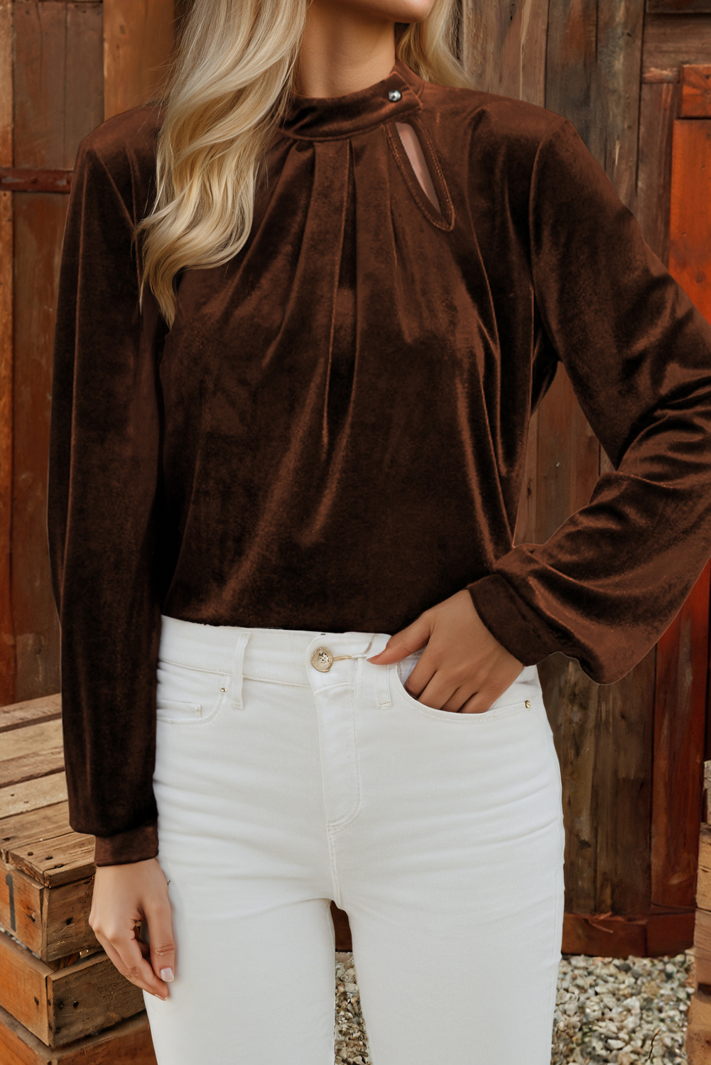 Asymmetric Button Keyhole Neck Long Sleeve Velvet Blouse