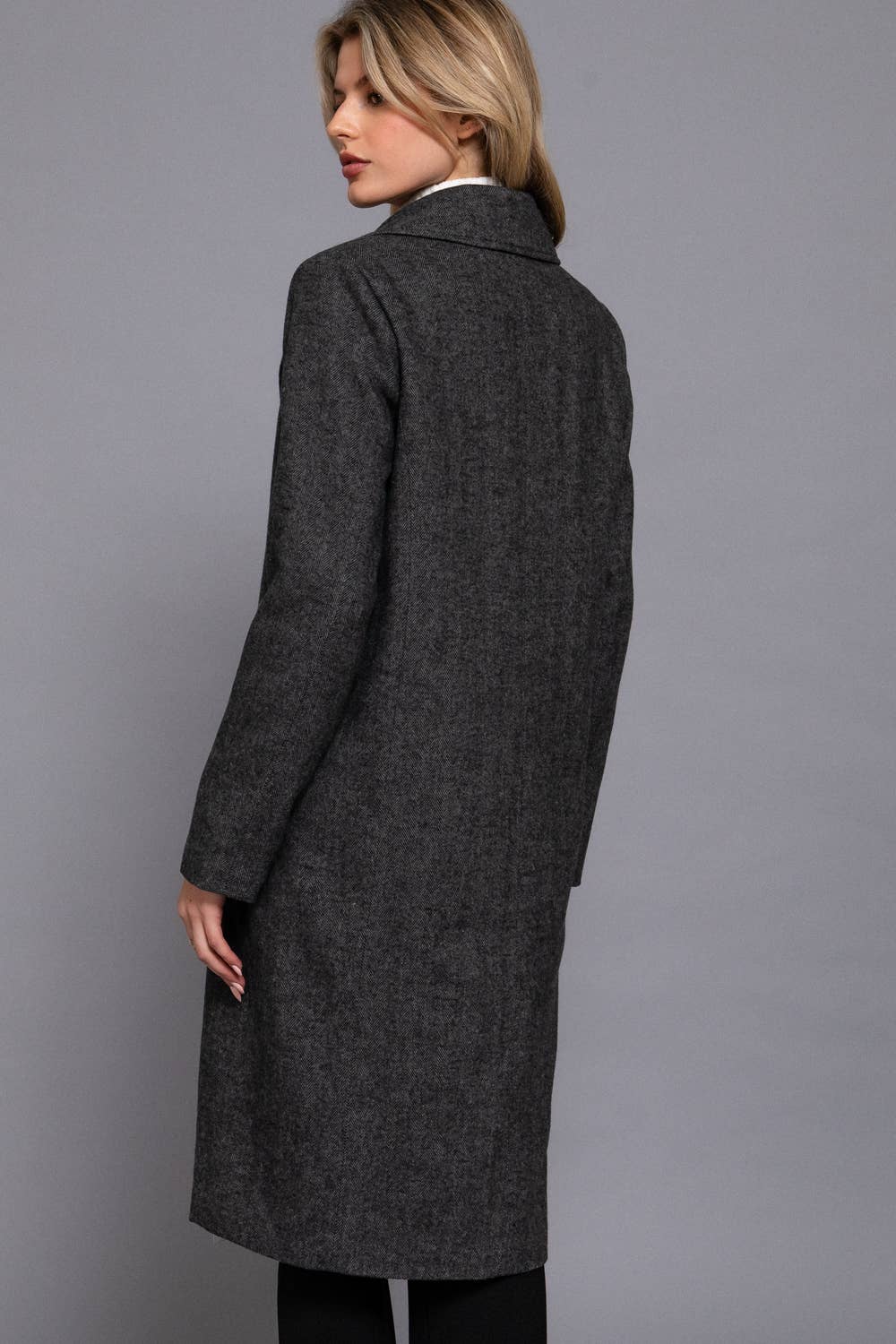 Herringbone Single Breasted Waist Fitted Long Coat