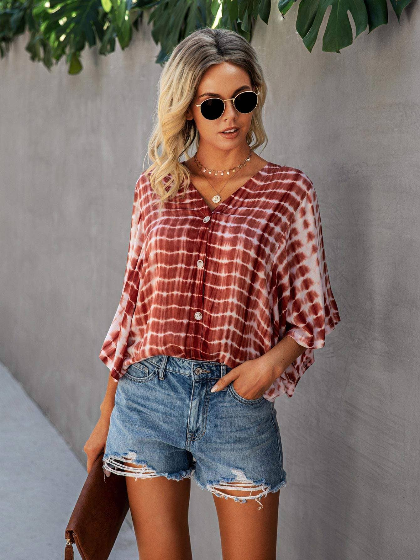 Tie dye print batwing sleeve top