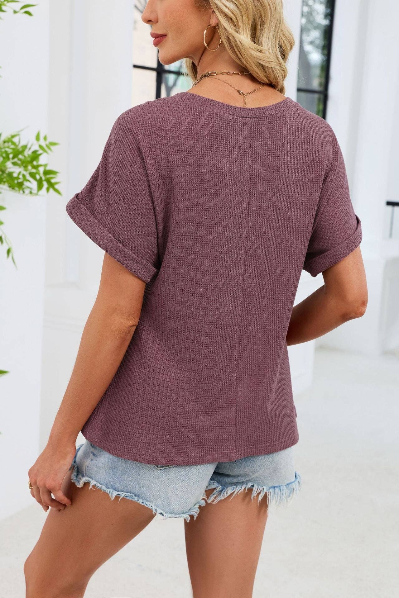 Lace Crochet Yoke Short Sleeve Waffle Knit Top