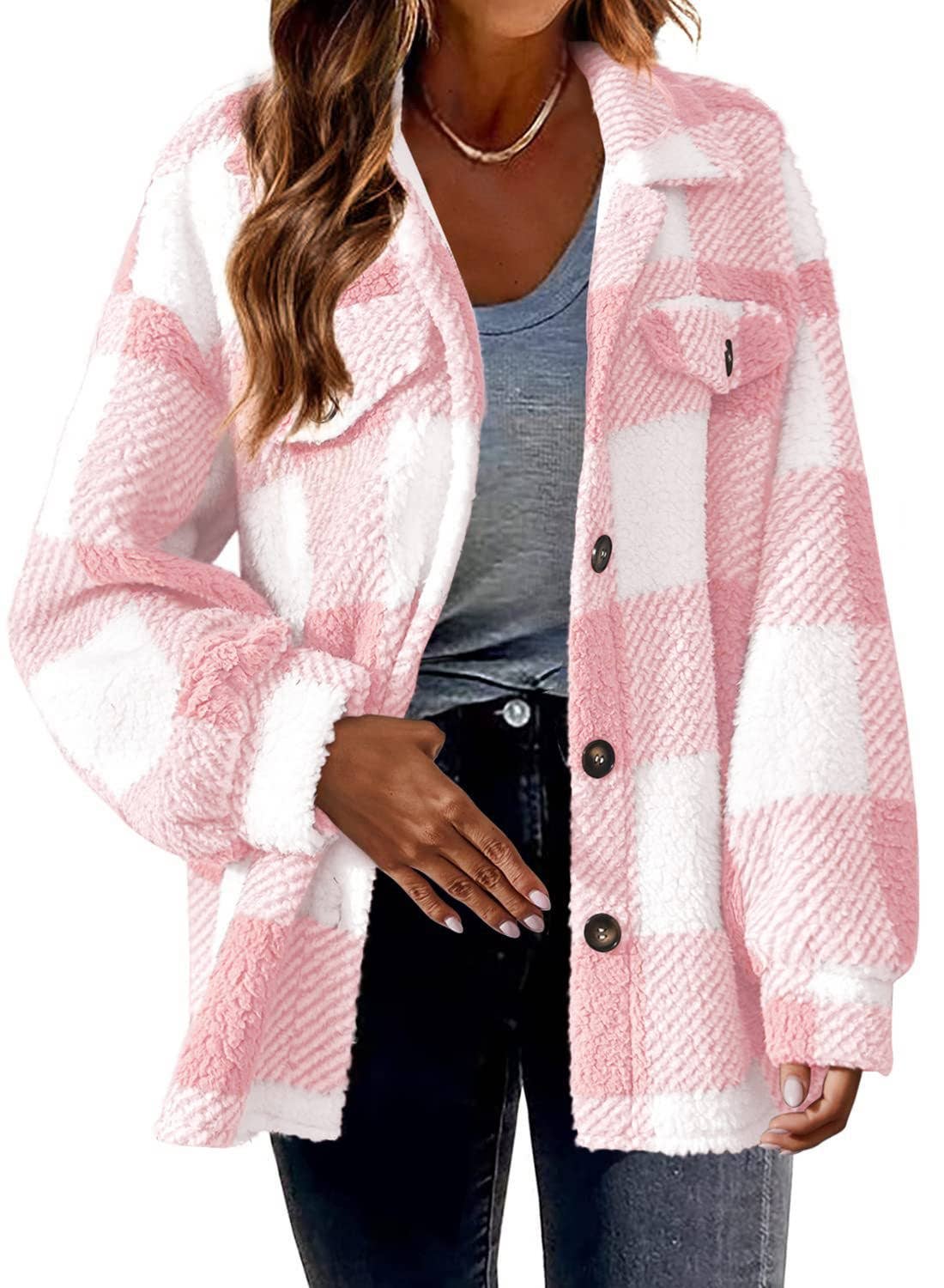 Plaid Sherpa Shacket Jacket Pockets