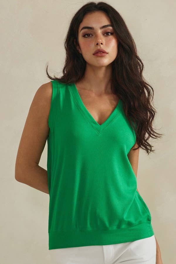 LuxeAir Ribbed Relaxed V-Neck Tank Top: Kelly Green / L