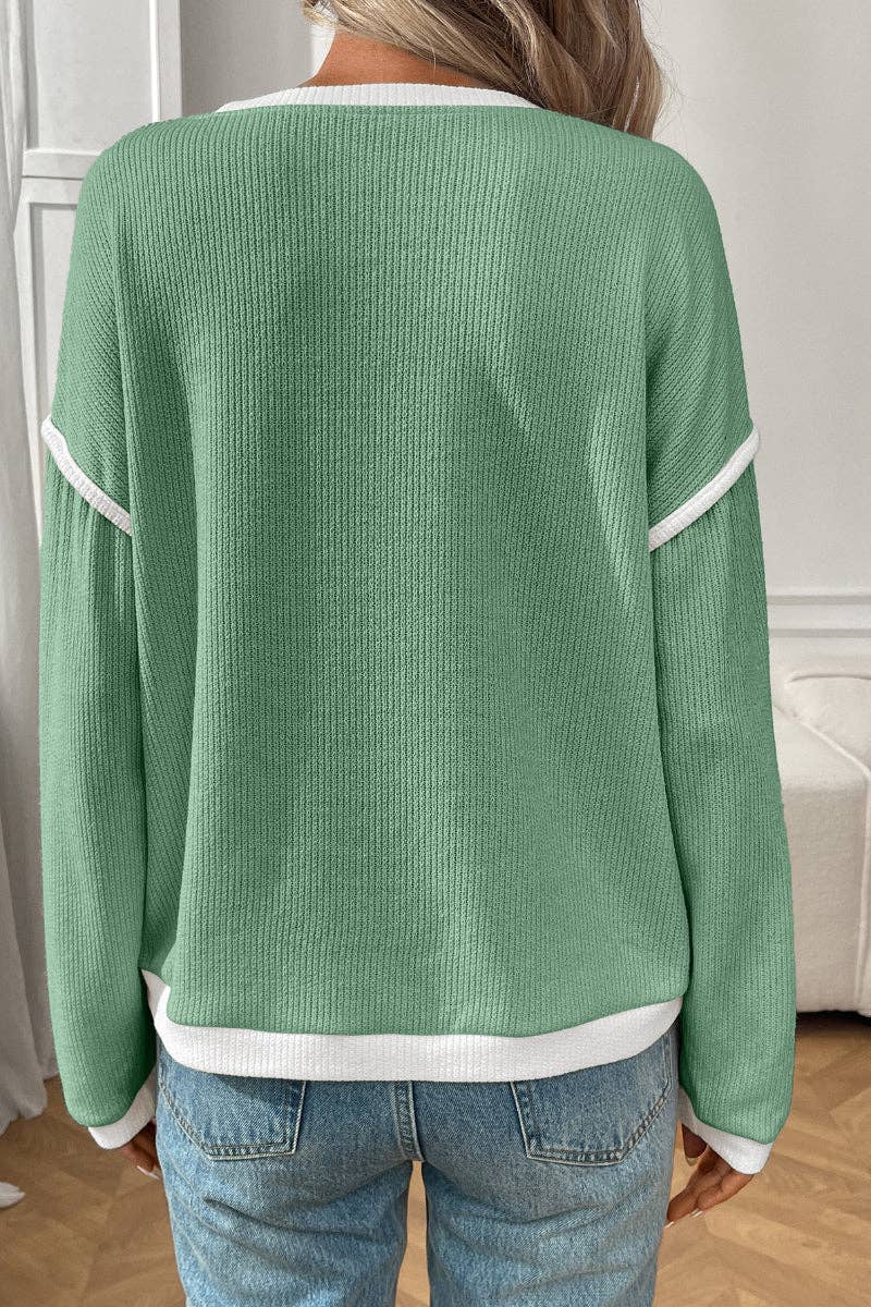 Colorblock Crewneck Knit Look Long Sleeve Pullover Top (Dark Blue)