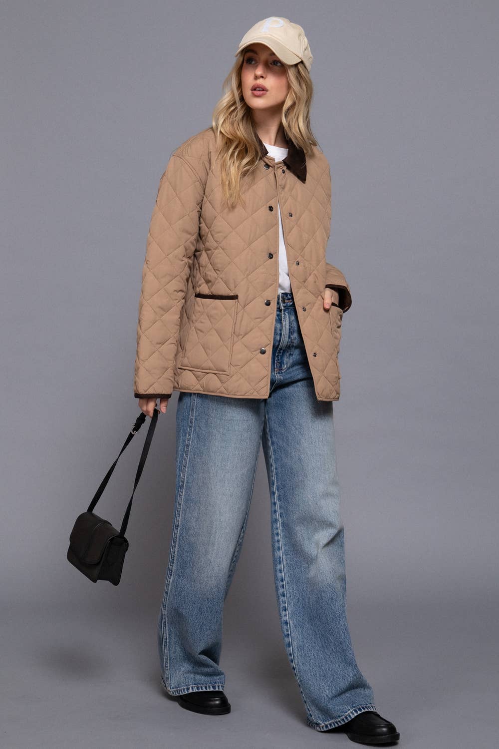 Long Sleeve Contrast Lapel Collar Quilted Puffer Work Jacket (pink)