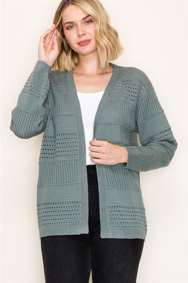 Rib Trimmed Long Sleeve Open Front Pointelle Sweater Cardigan