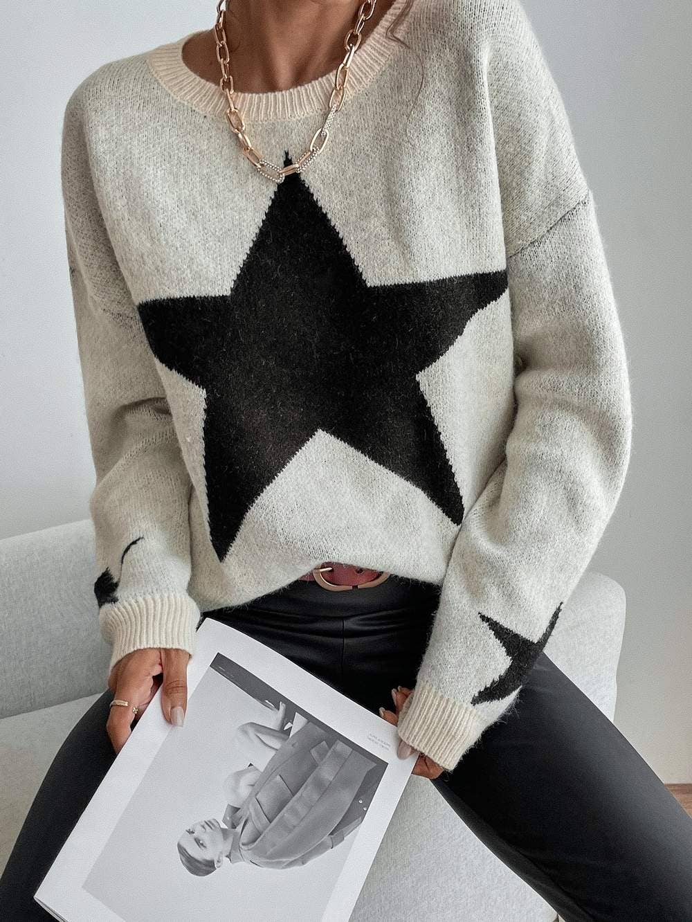 Drop Shoulder Star Pattern Sweater