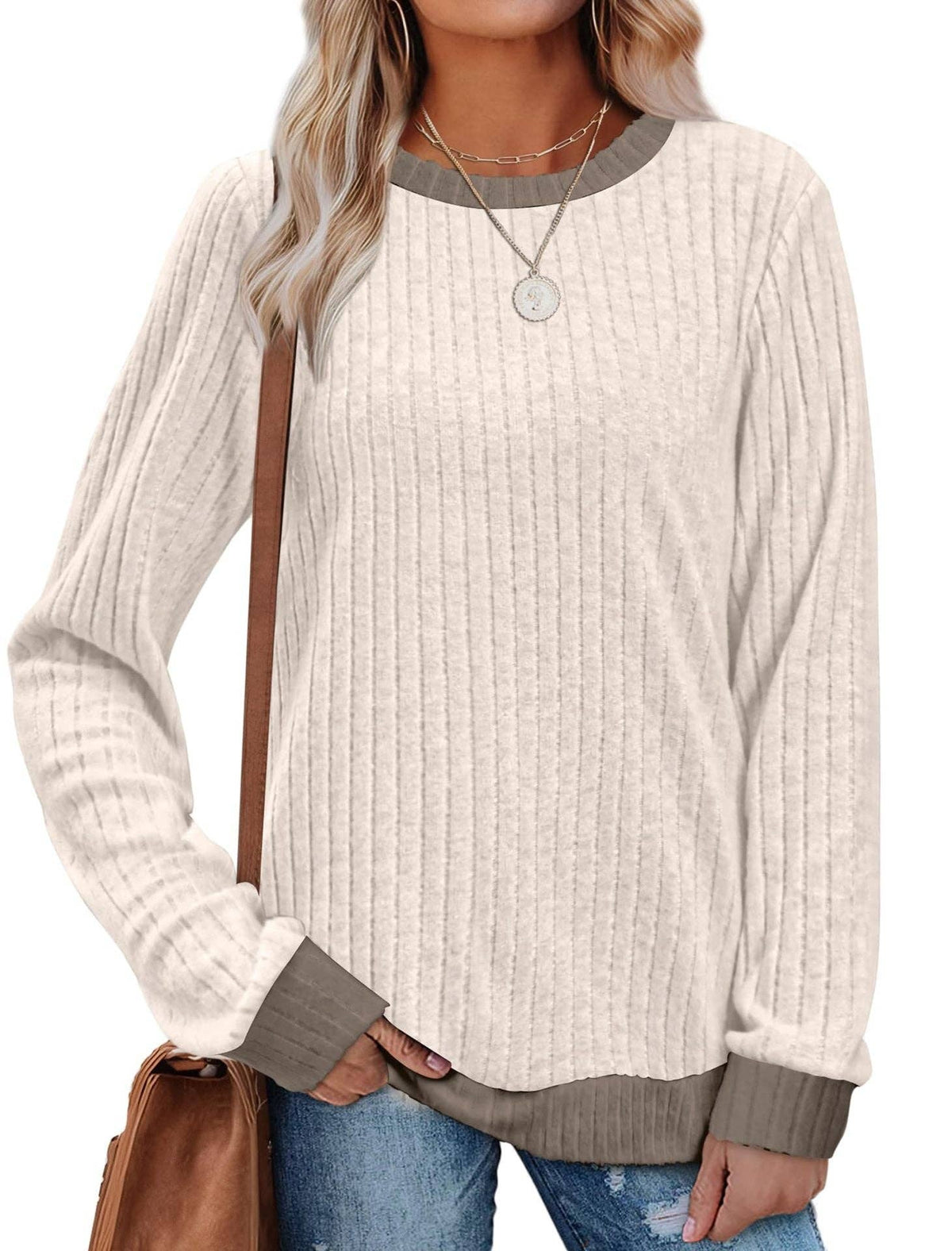 Ribbed Long Sleeve Crew Neck Pullover Top