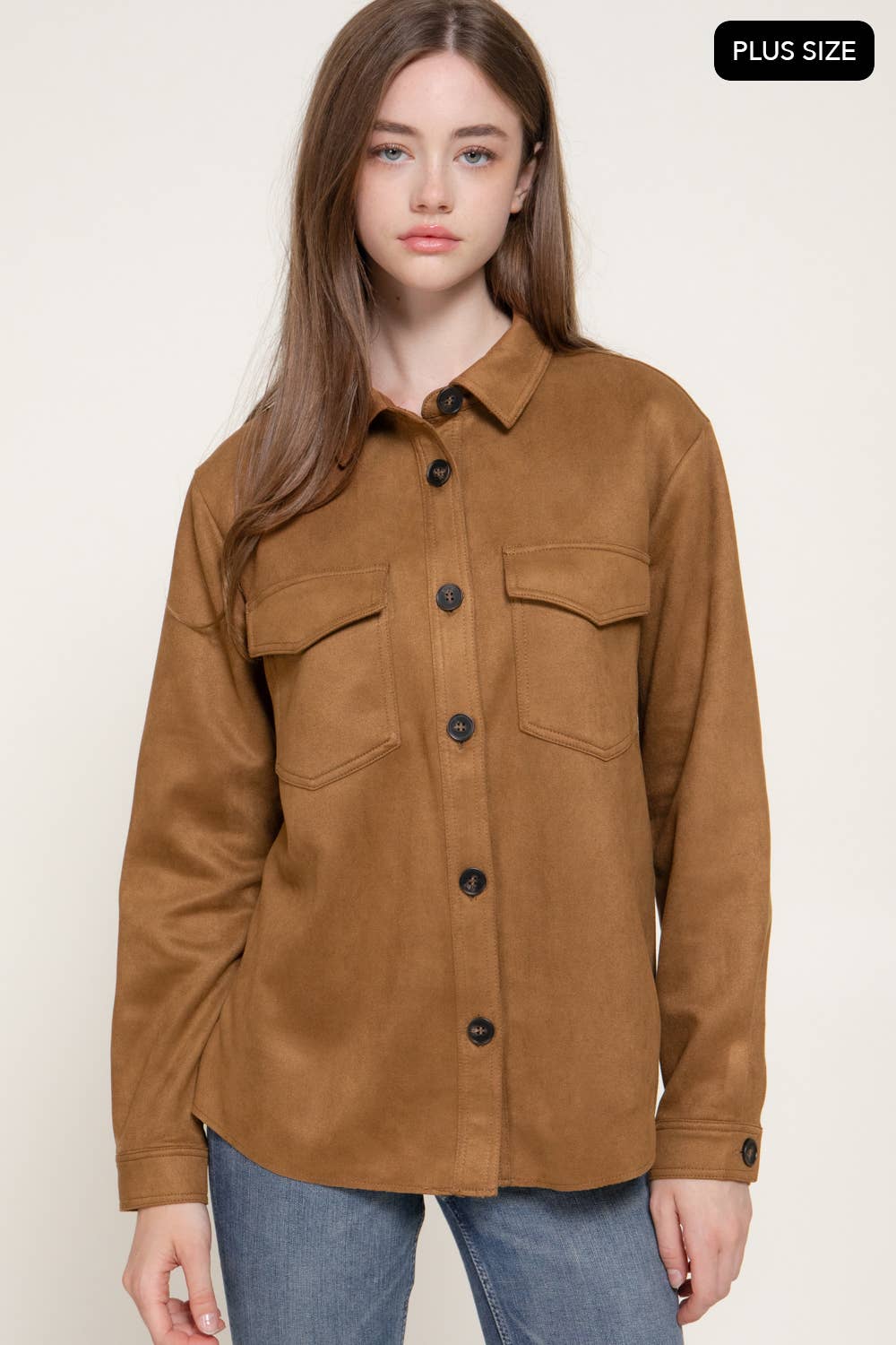 Long Sleeve Loose Fit Faux Suede Shacket (Plus Size)