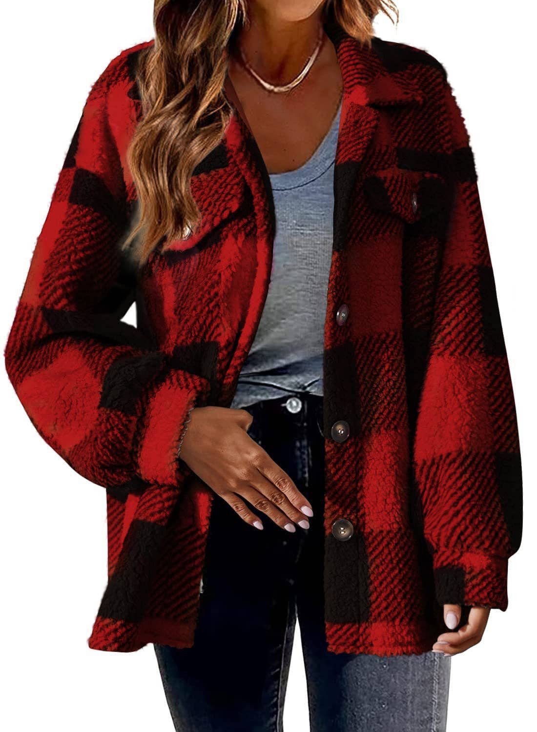 Plaid Sherpa Shacket Jacket Pockets