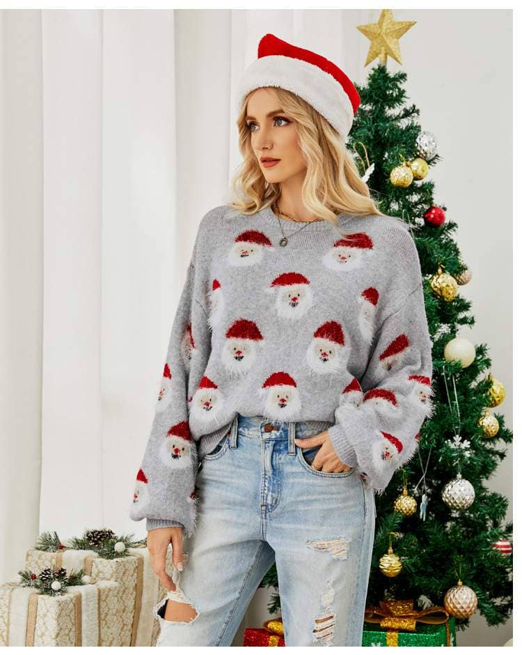 Santa's Head Pattern Crewneck Pullover Sweater