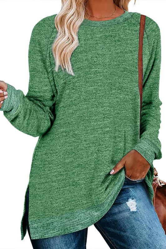 Crew Neck Long Sleeved Top with Side Slit